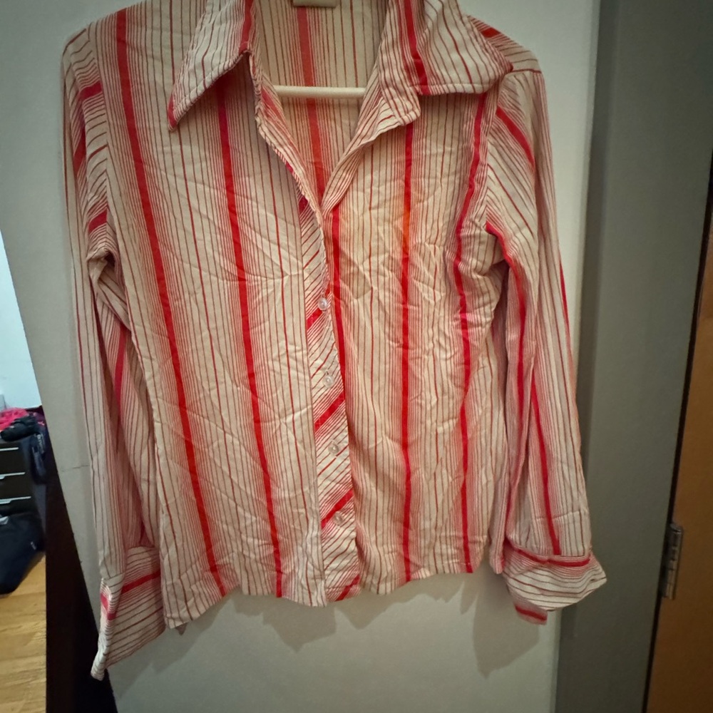 Red and White Women’s Vintage Striped Button-Up Shirt